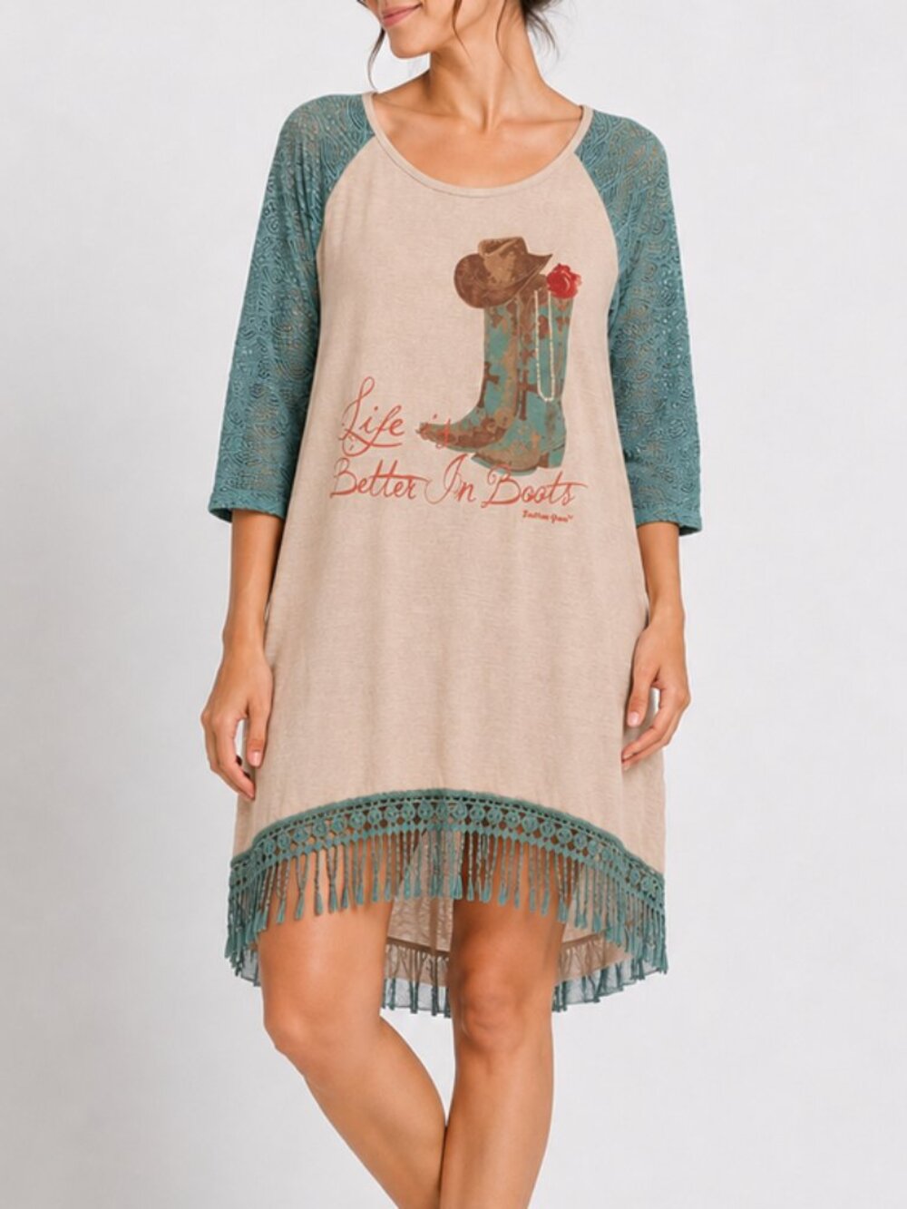 Southern Grace 2XL Life Is Better In Boots Tunic Top Lace Fringe Western Boho